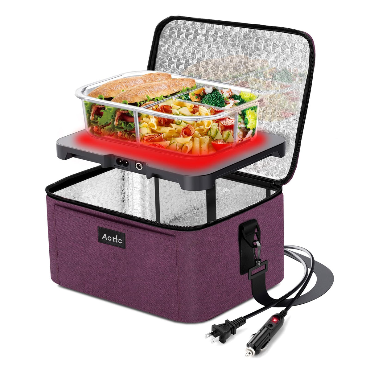 Aotto Portable Oven, Electric Lunch Box Food Heater - 12V/24V/110V 3-in-1 Car Food Warmer - Mini Personal Microwave Heated Lunch Box Warmer for Car, Truck, Travel, Office & Home Use - Black