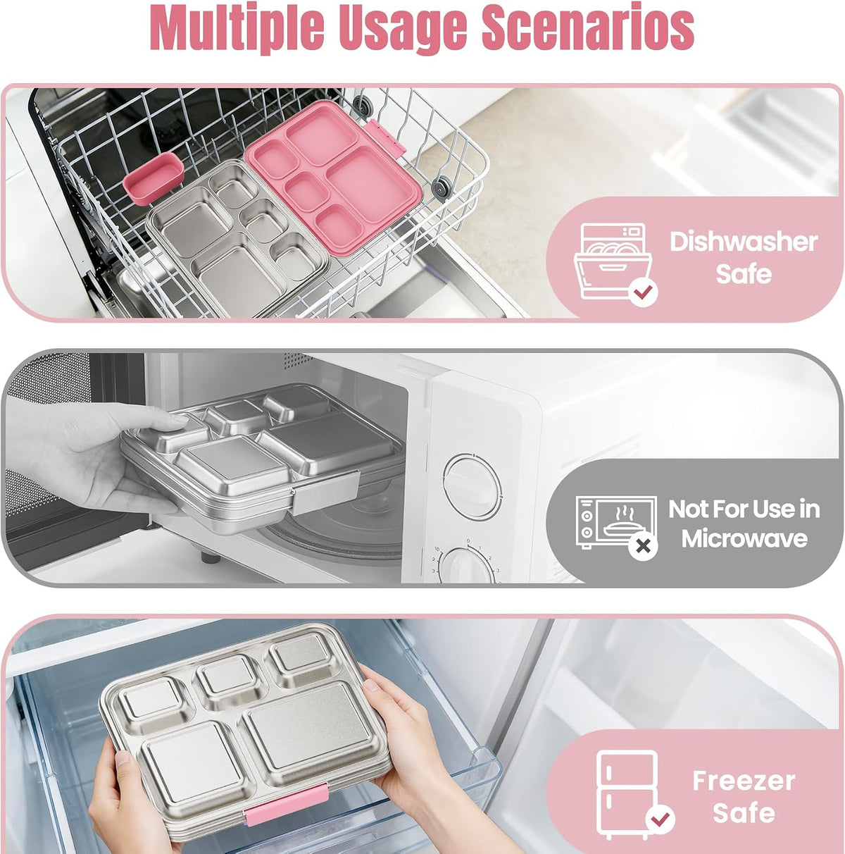Stainless Steel Bento Lunch Box for Kids & Adults, 5 Compartment Metal Portable Bento Box with Silicone Food Container and Removable Silicone Seal,BPA-Free,School,Office(Pink)