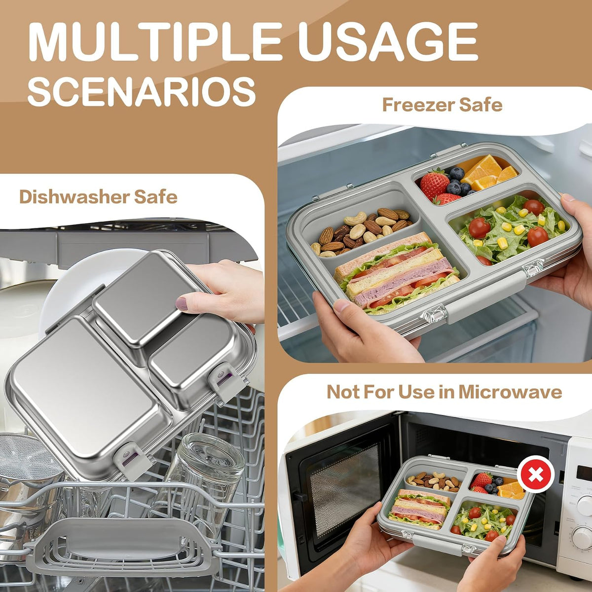 BABHAMNESS Stainless Steel Bento Lunch Box for Kids Adults, 3 Compartments Metal Bento Box with Transparent Lid & Silicone Container for Kids,Dishwasher-Safe,School & Travel,BPA-Free(Grey)