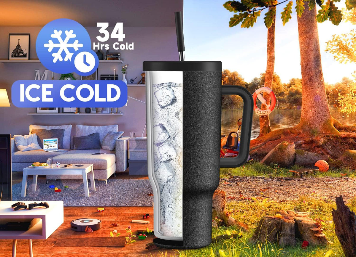Meoky 40oz Tumbler with Handle, Leak-proof Lid and Straw, Insulated Coffee Mug Stainless Steel Travel Mug, Keeps Cold for 34 Hours or Hot for 10 Hours (Night)