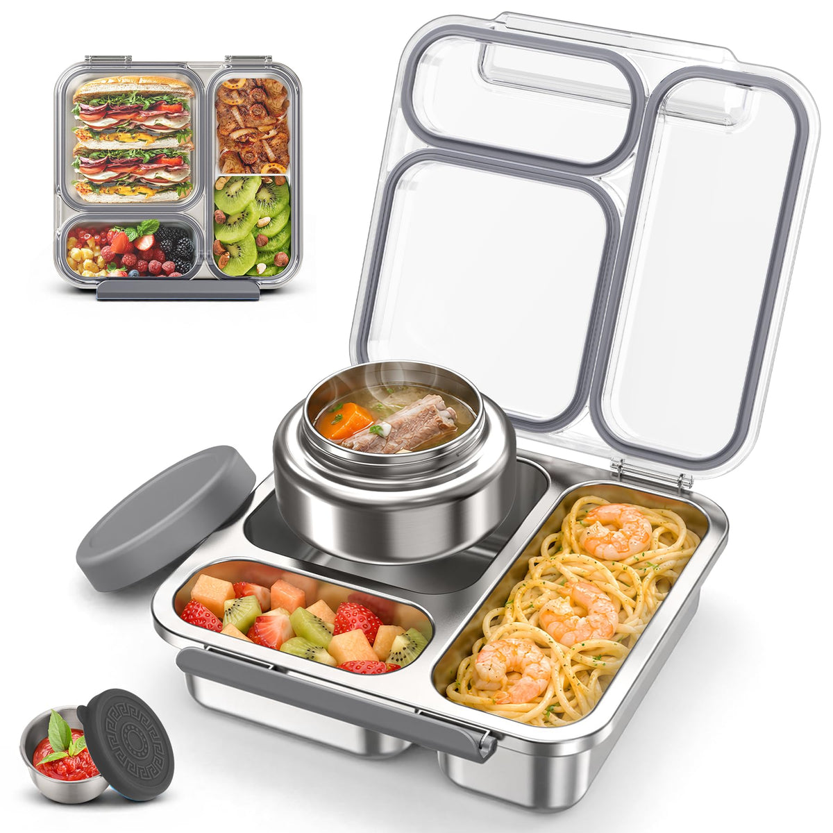 Stainless Steel Bento Box Kids Adult with 7oz Soup Thermo, Transparent Lid 3 Compartments Metal Bento Lunch Box with Insulated Food Jar,Lunch Box Container Sauce Cup for School,BPA-Free(Purple)