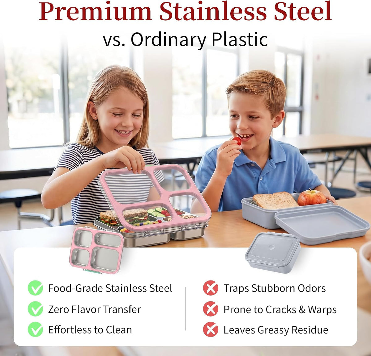 Stainless Steel Lunch Box for Kids, Leakproof 4 Compartment Kids Bento Lunch Box with Clear Lid, BPA-Free Steel Lunch Box Containers for School Travel (Pink)