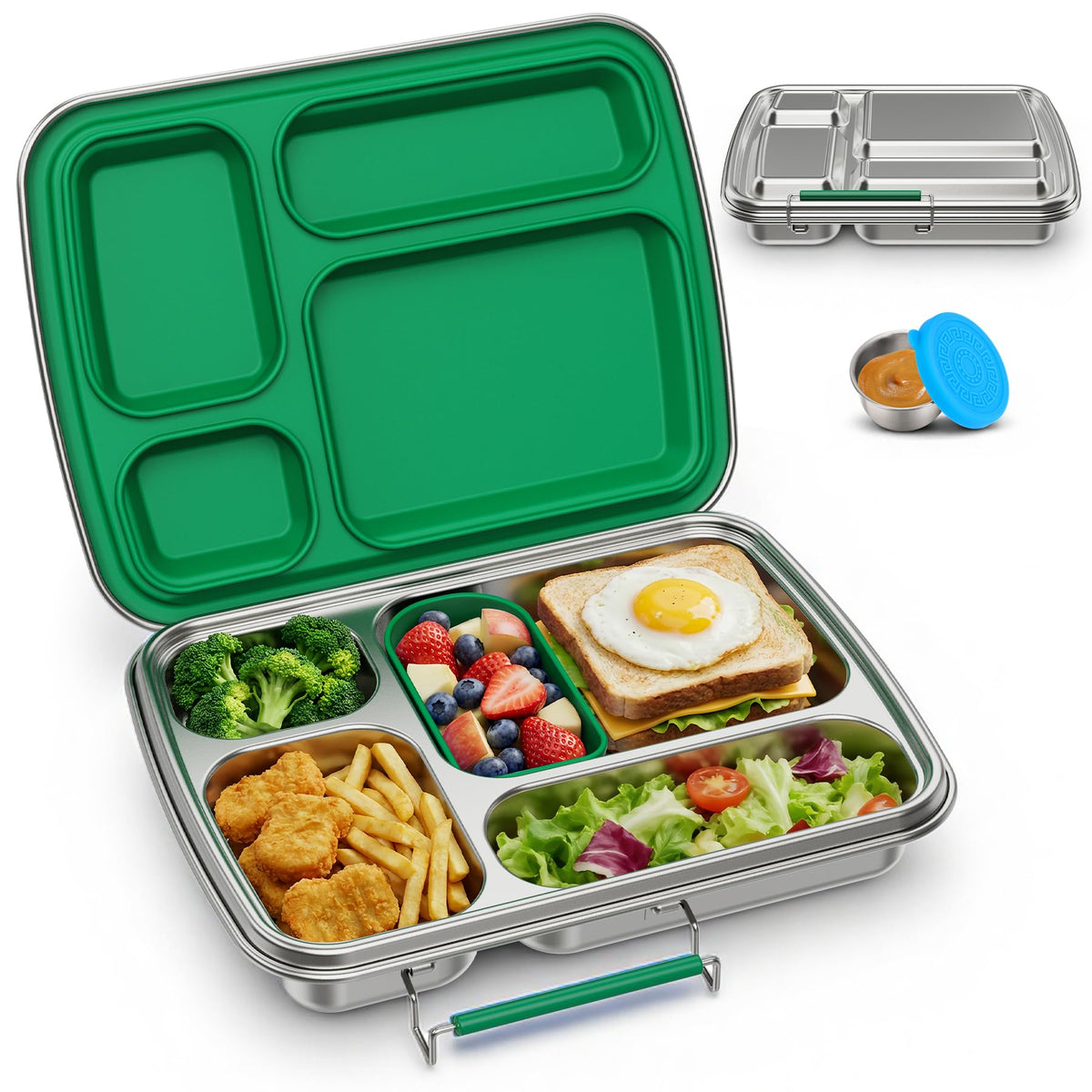 Stainless Steel Bento Lunch Box for Kids & Adults, 4 Compartment Kids Lunch Box, Metal Bento Box with Silicone Container and Stainless Steel Sauce Container,BPA-Free,School,Office(Pink)