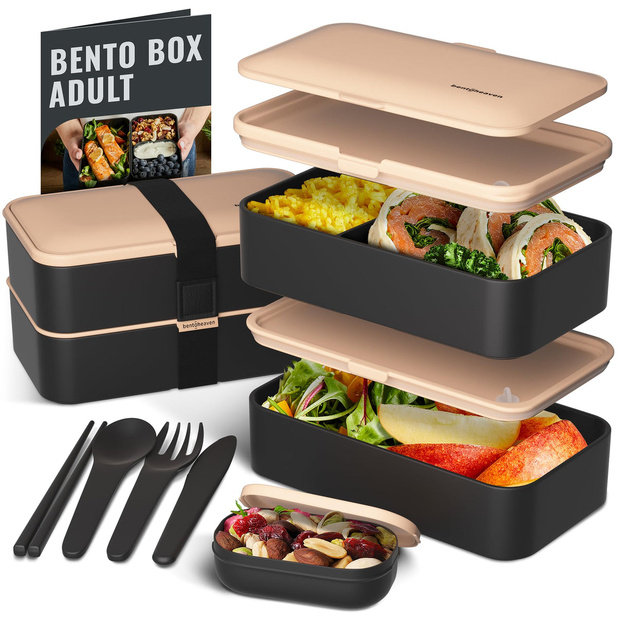 Bentoheaven Bento Box Adult, Stackable Lunch Box, 40 oz, Symph Onyx