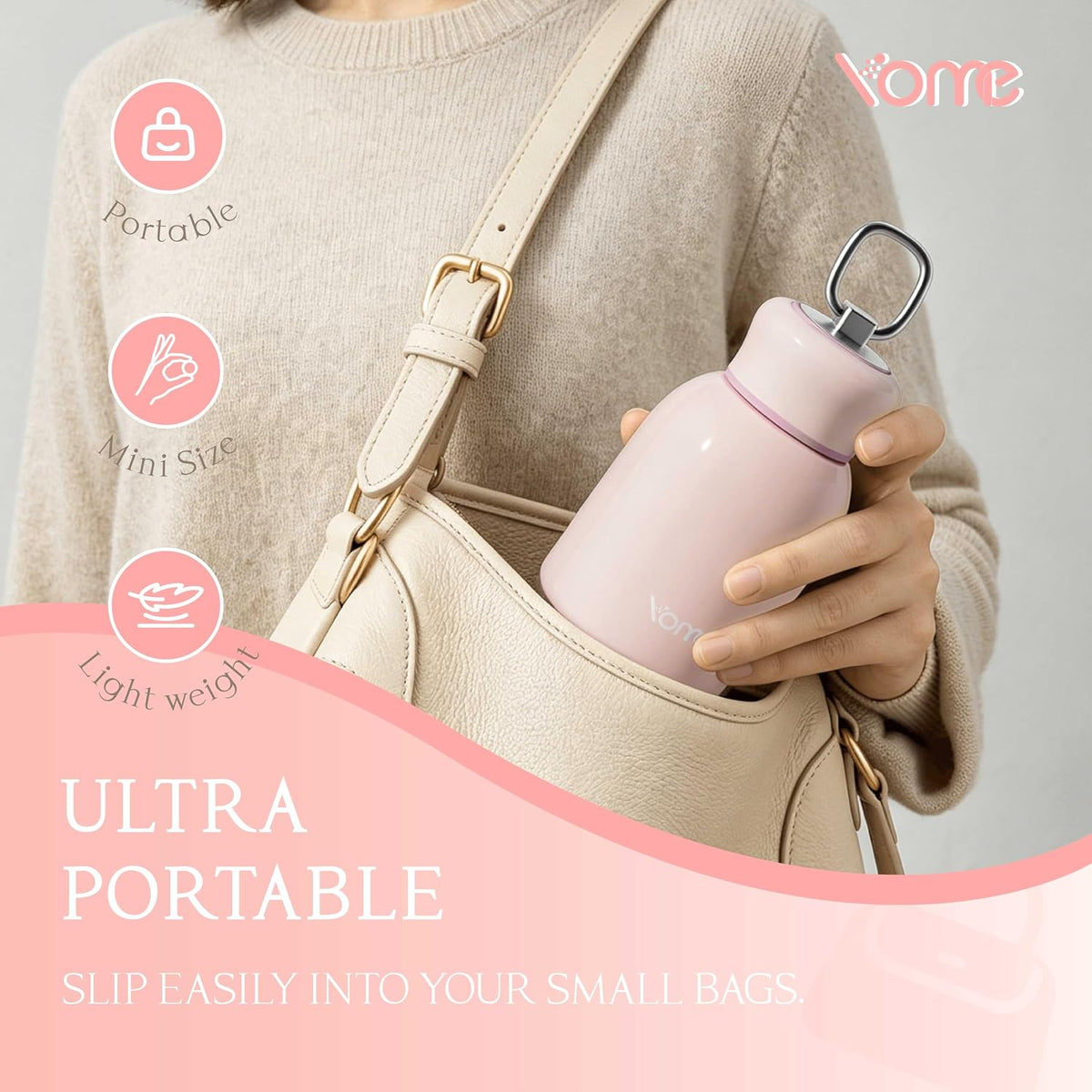 YOME 10oz Light Pink Insulated Mini Water Bottle with Lid & Lifting Loop for Women | Small Stainless Steel Cute Tumbler | Keeps Drinks Cold | Lightweight Gift Cup| Fits in Purse or Pocket