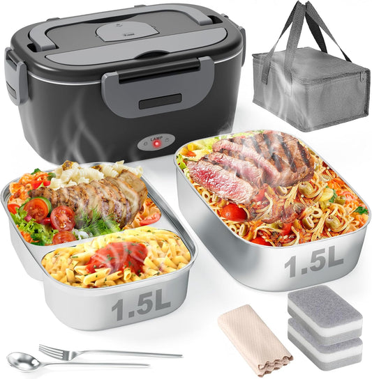 Geveniss Electric Lunch Box for Men, Women & Adults - 80W Fast Heating - Heated Lunch Box with Dual 1.5L SS Containers - Portable Food Warmer for Car, Truck, Office