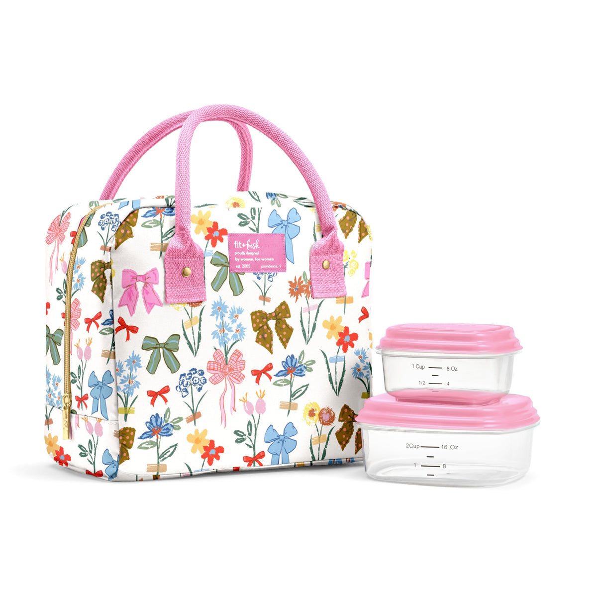 Fit & Fresh Bloomington Lunch Bag for Women - Insulated Large Lunch Box for Work with Containers, Leak-Resistant, Stain-Resistant, Zipper Closure, Feline Fine Ivory