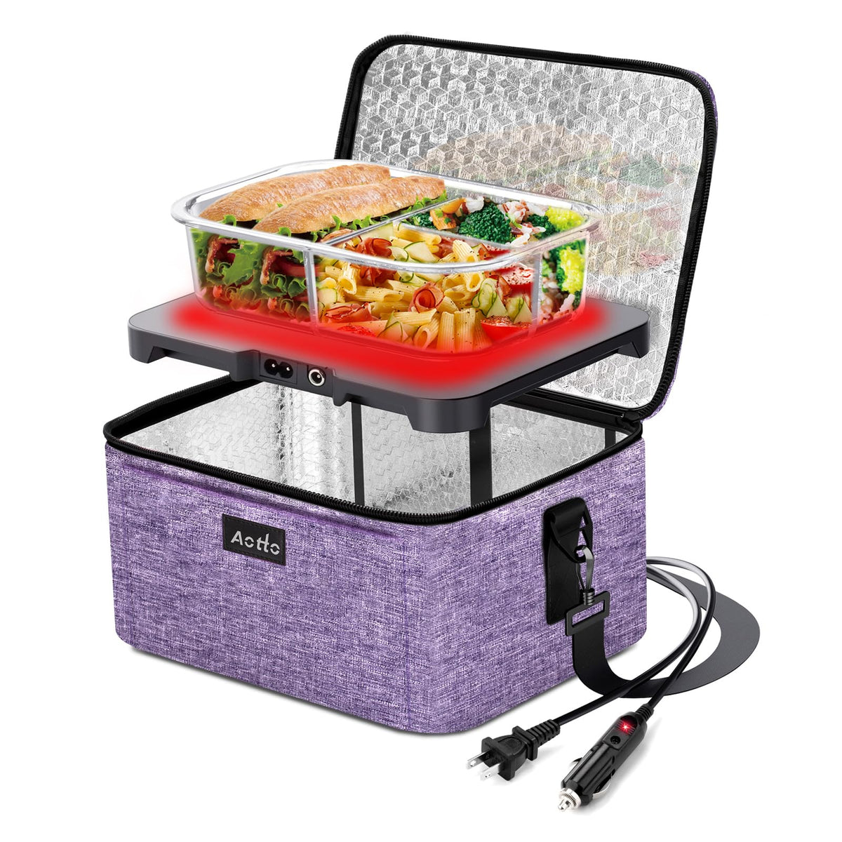 Aotto Portable Oven, Electric Lunch Box Food Heater - 12V/24V/110V 3-in-1 Car Food Warmer - Mini Personal Microwave Heated Lunch Box Warmer for Car, Truck, Travel, Office & Home Use - Black