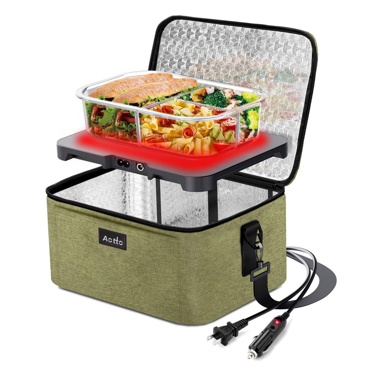 Aotto Portable Oven, Electric Lunch Box Food Heater - 12V/24V/110V 3-in-1 Car Food Warmer - Mini Personal Microwave Heated Lunch Box Warmer for Car, Truck, Travel, Office & Home Use - Black