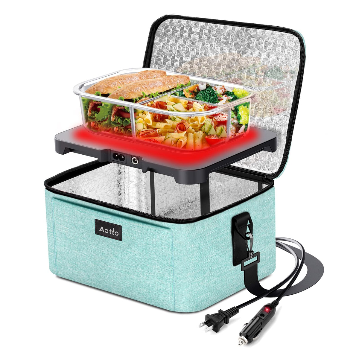 Aotto Portable Oven, Electric Lunch Box Food Heater - 12V/24V/110V 3-in-1 Car Food Warmer - Mini Personal Microwave Heated Lunch Box Warmer for Car, Truck, Travel, Office & Home Use - Black