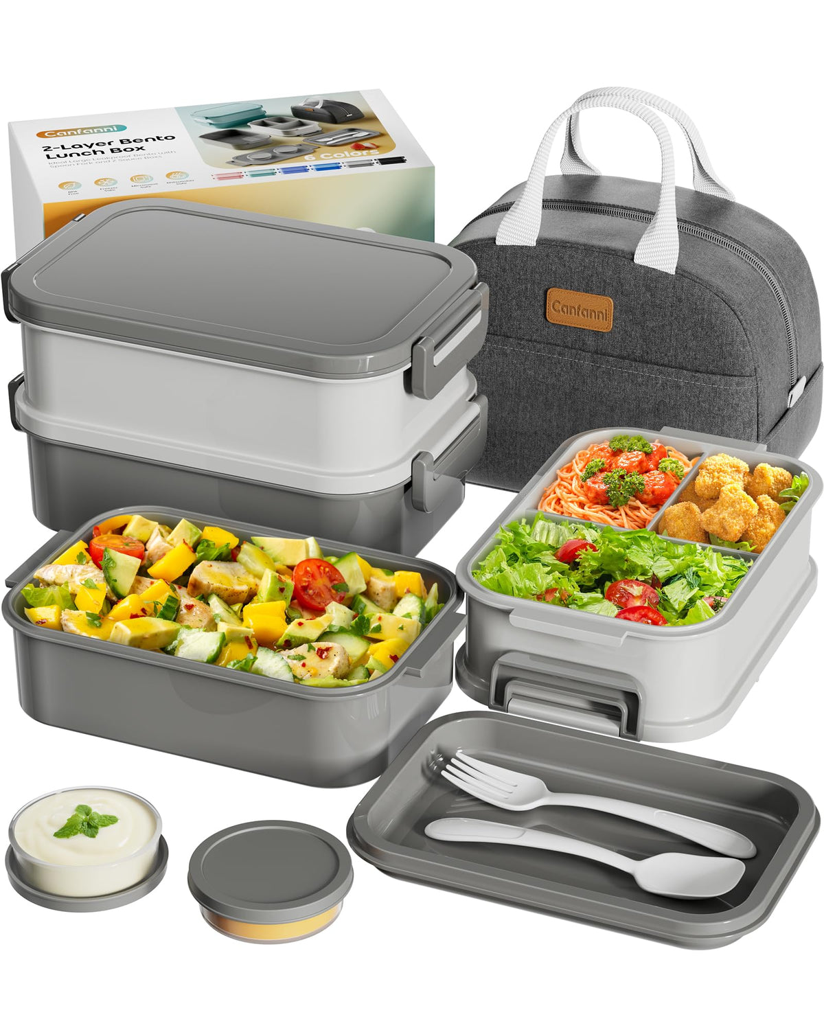Adults Bento Box with Insulated Lunch Bag, 74oz Capacity 3 Stackable Leak-Proof Bento Box Built-In Utensil and Sauce, PFAS & BPA-Free, Microwave & Dishwasher Safe (Astral Black)
