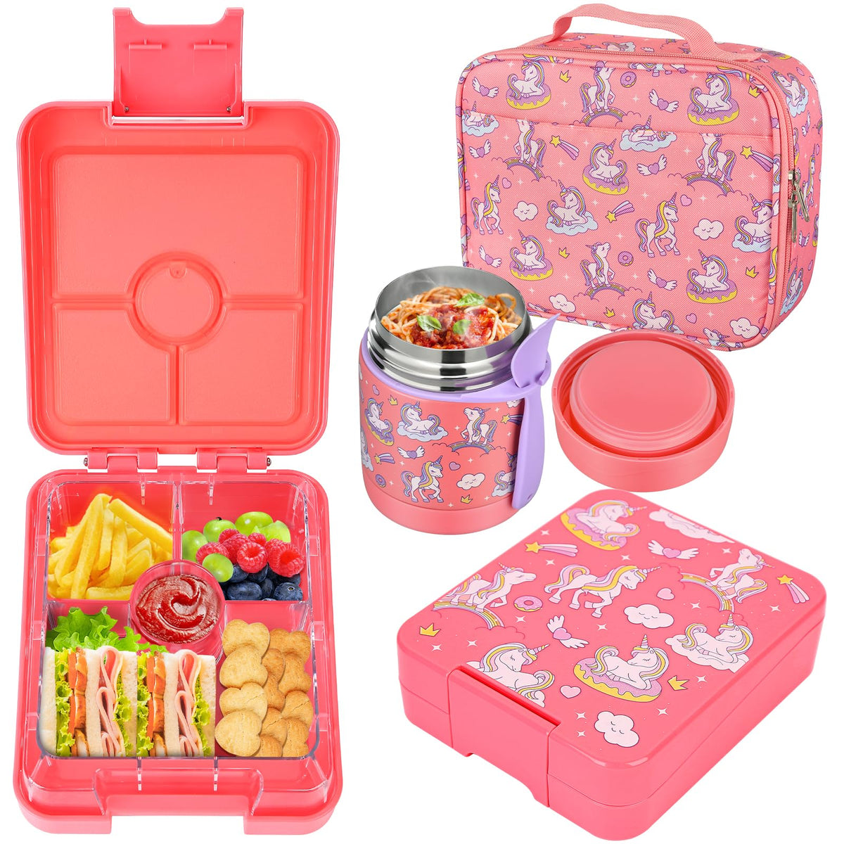 Bento Lunch Box Set for Kids with 10oz Soup Thermo, Leak-Proof Lunch Containers with 4 Compartment, Kids Thermo Hot Food Jar and Insulated Lunch Bag for Kid to School,BPA-Free(Black)