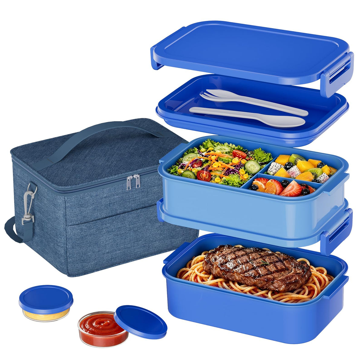 Adults Lunchbox Bento Box with Lunch Bag- 74 OZ All-in-One Stackable Lunch Box for Adults Kids Women Men Leakproof Bento Large Lunch Box Containers with Fork Spoon Sauce Box for Work School (Grey)