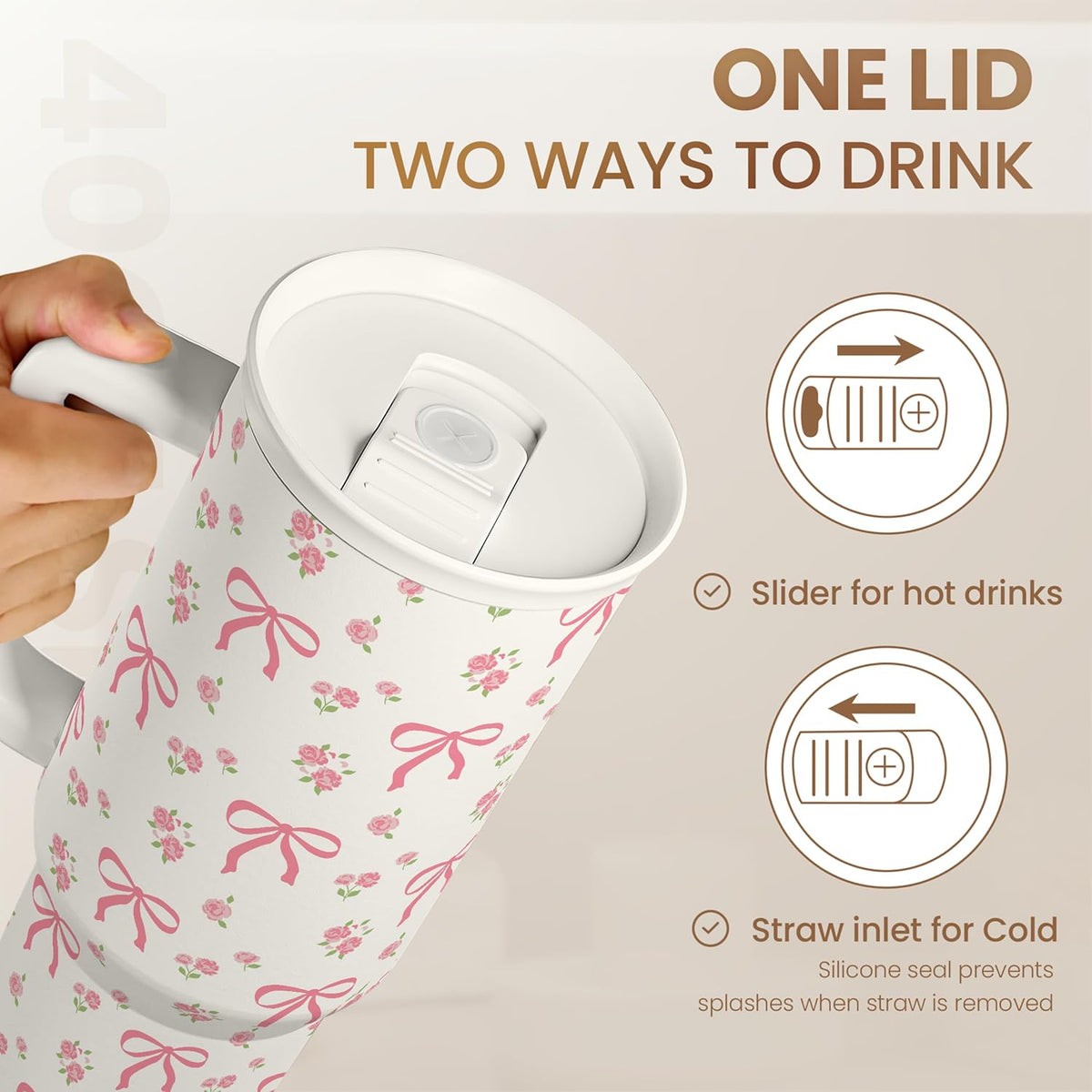 SANDJEST Bow Tumbler with Handle 40oz, Stainless Steel Insulated Tumblers Coffee Travel Cup with Slider Straw Lid, Gifts for Women Teen Girls Birthday