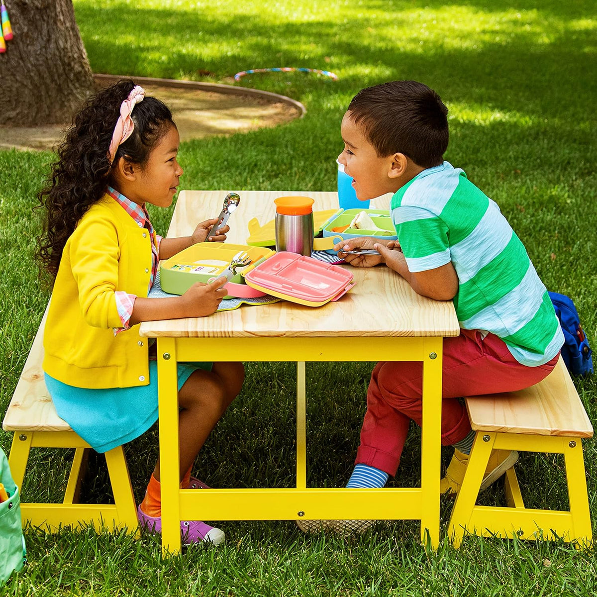 Munchkin Lunch Bento Box for Kids and Toddlers, Includes Stainless Steel Utensils, BPA-Free, 18 Months and Up, Blue/Green/Yellow