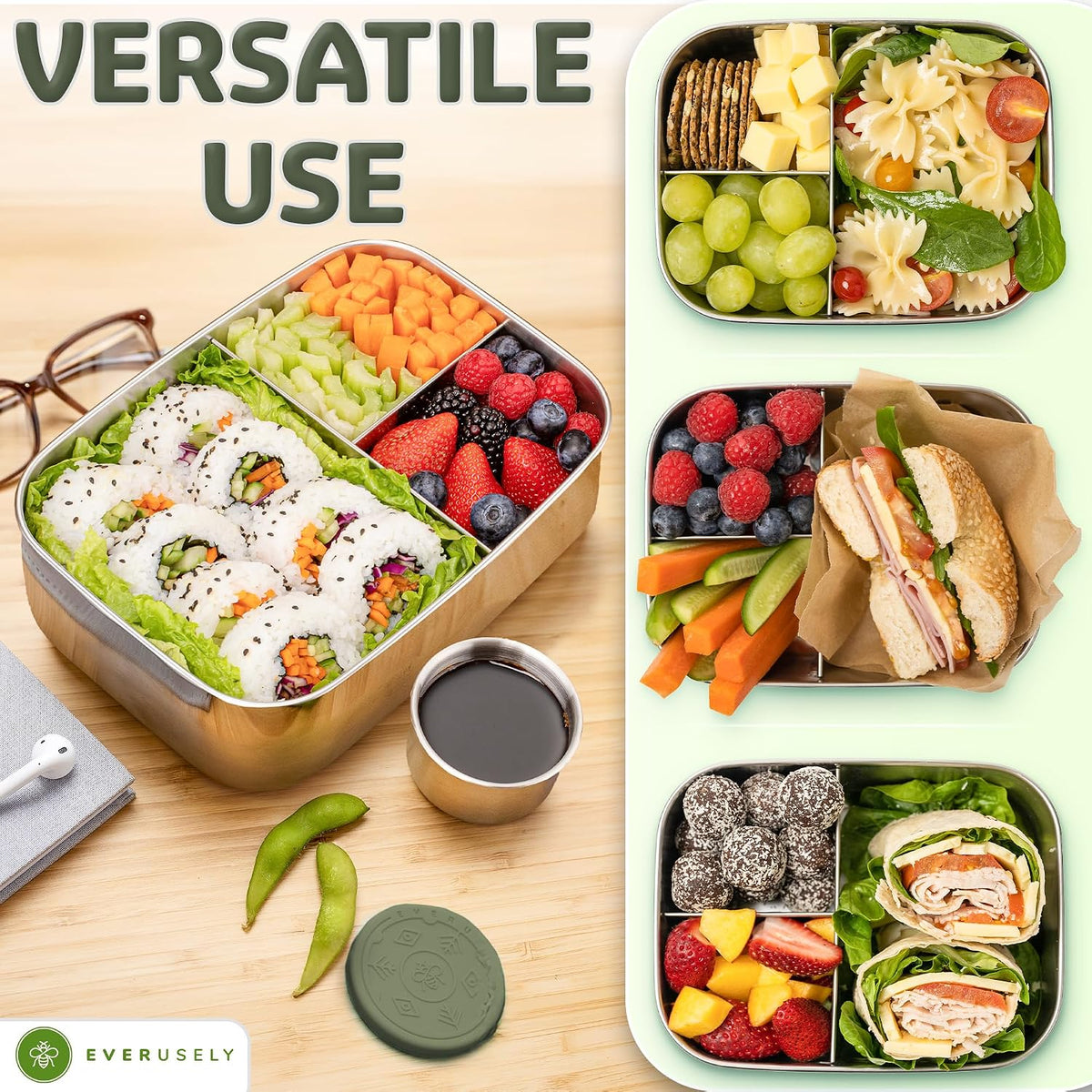 Stainless Steel Bento Box + Condiment Container - Sage, 60oz / 1.8 L