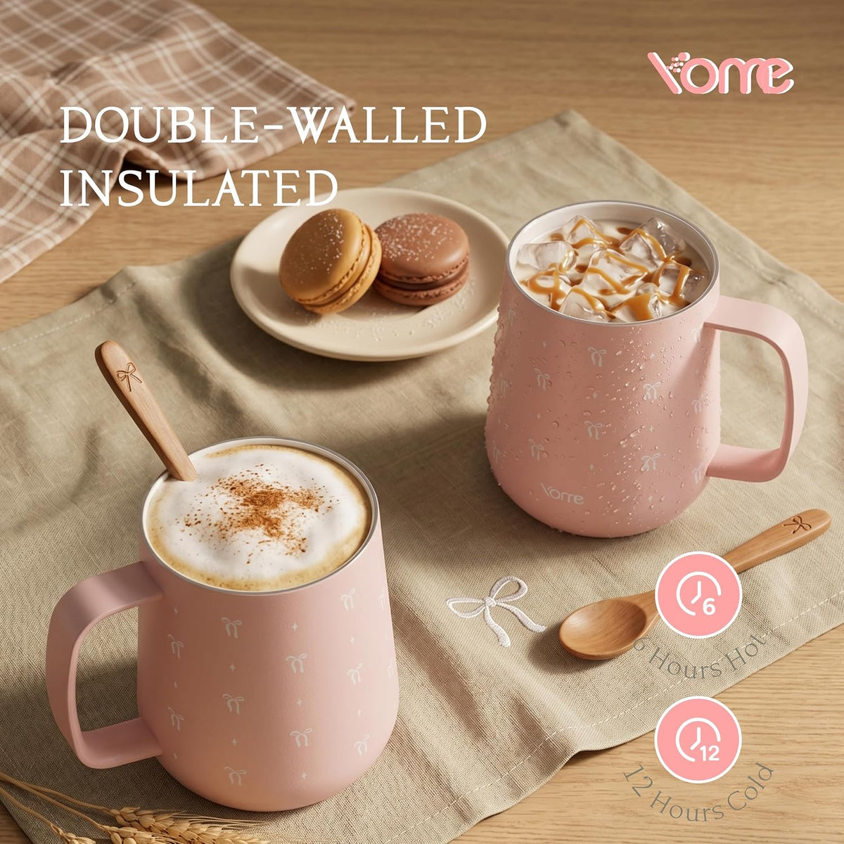 YOME 10oz Bow Light Pink Insulated Coffee Mug with Handle for Women | Ceramic Lined Coffee Mug with Splash-Resistant Lid| Pure Taste Stainless Steel Coffee Cup | Easy to Clean | Keeps Drinks Cold